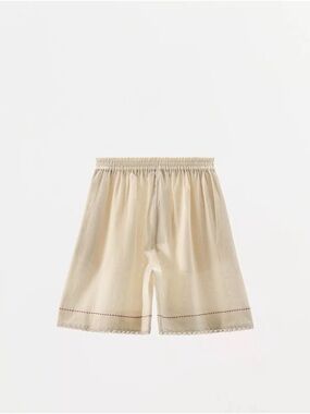Zara Cream Elastic-Waist Lace-Trim Linen Bermuda Short
